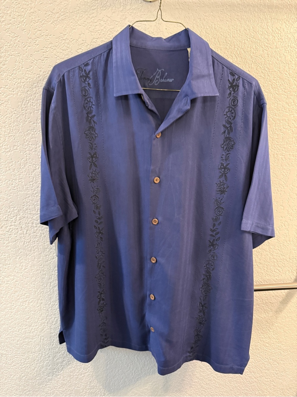 Tommy Bahama Purple-Blue Short Sleeve Camp Shirt with Embroidered Panels